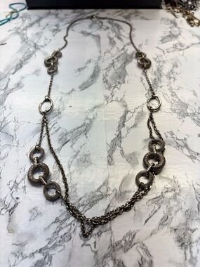 Vintage Textured Linked Circle extra Long Necklace - Silver